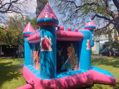 Castillo inflable de Princesas con panel de Olaf en jardín