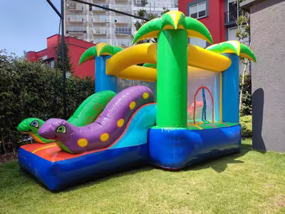 Evento infantil con inflable instalado en jardín en CDMX