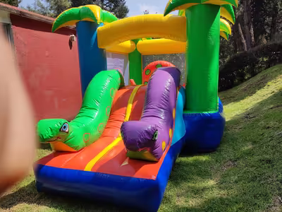 Evento infantil con inflable instalado en jardín en CDMX