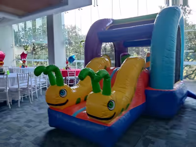Evento infantil con inflable instalado en jardín en CDMX