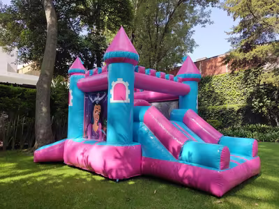 Evento infantil con inflable instalado en jardín en CDMX